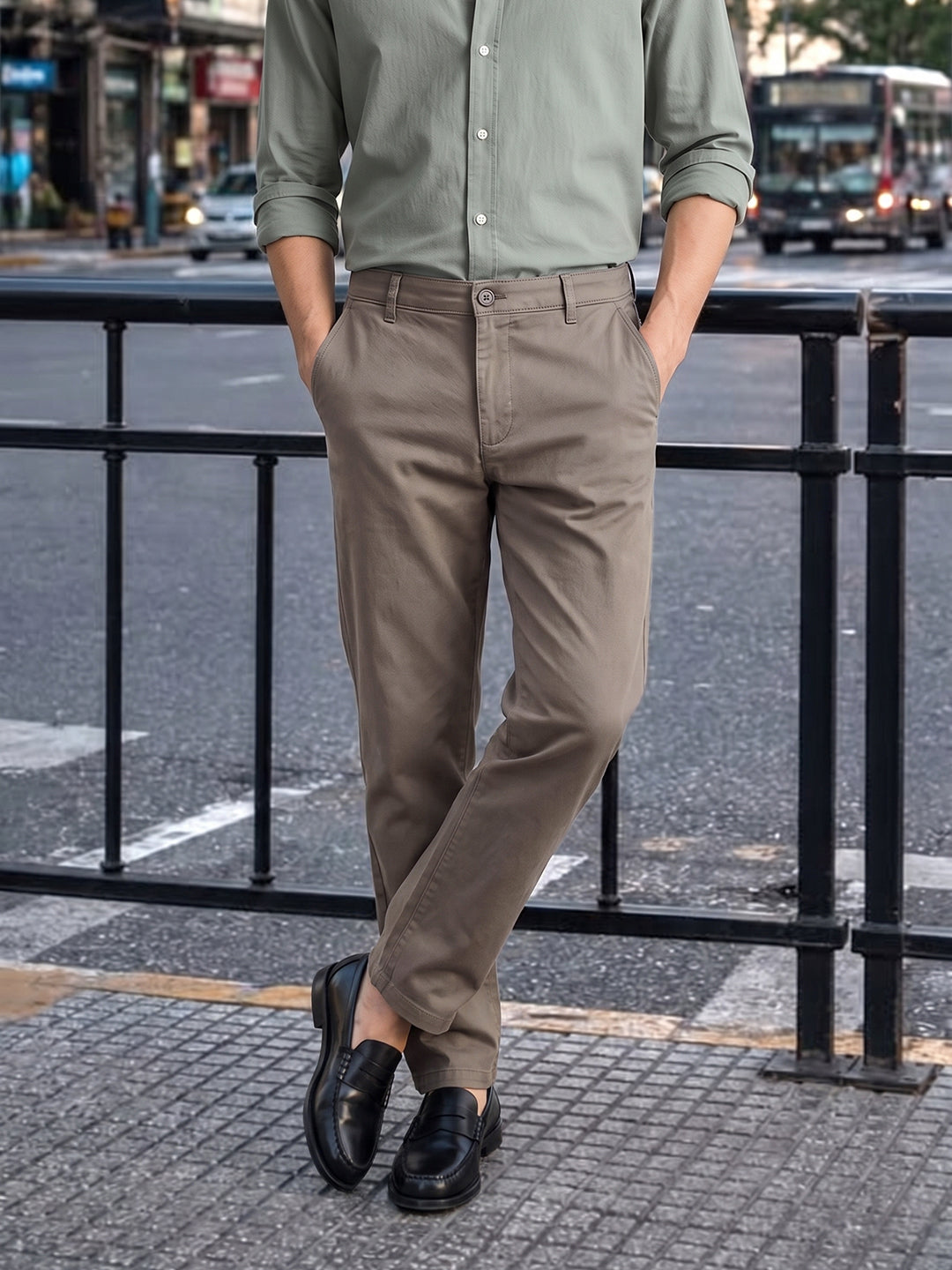 Men's Platinum Grey Regular Fit Solid Casual Chinos