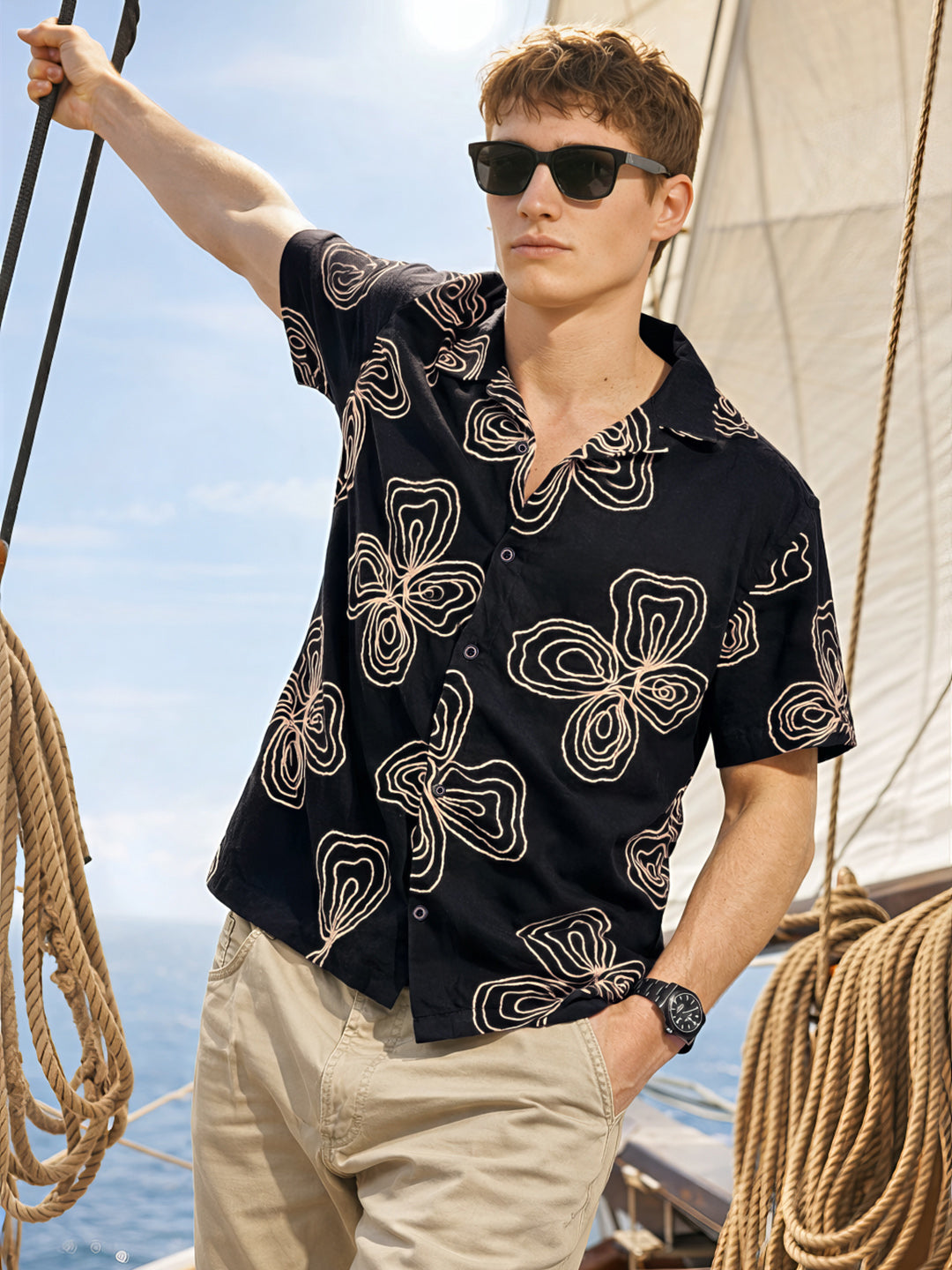 Men's Black Relaxed Fit Textured Embroidered Shirt