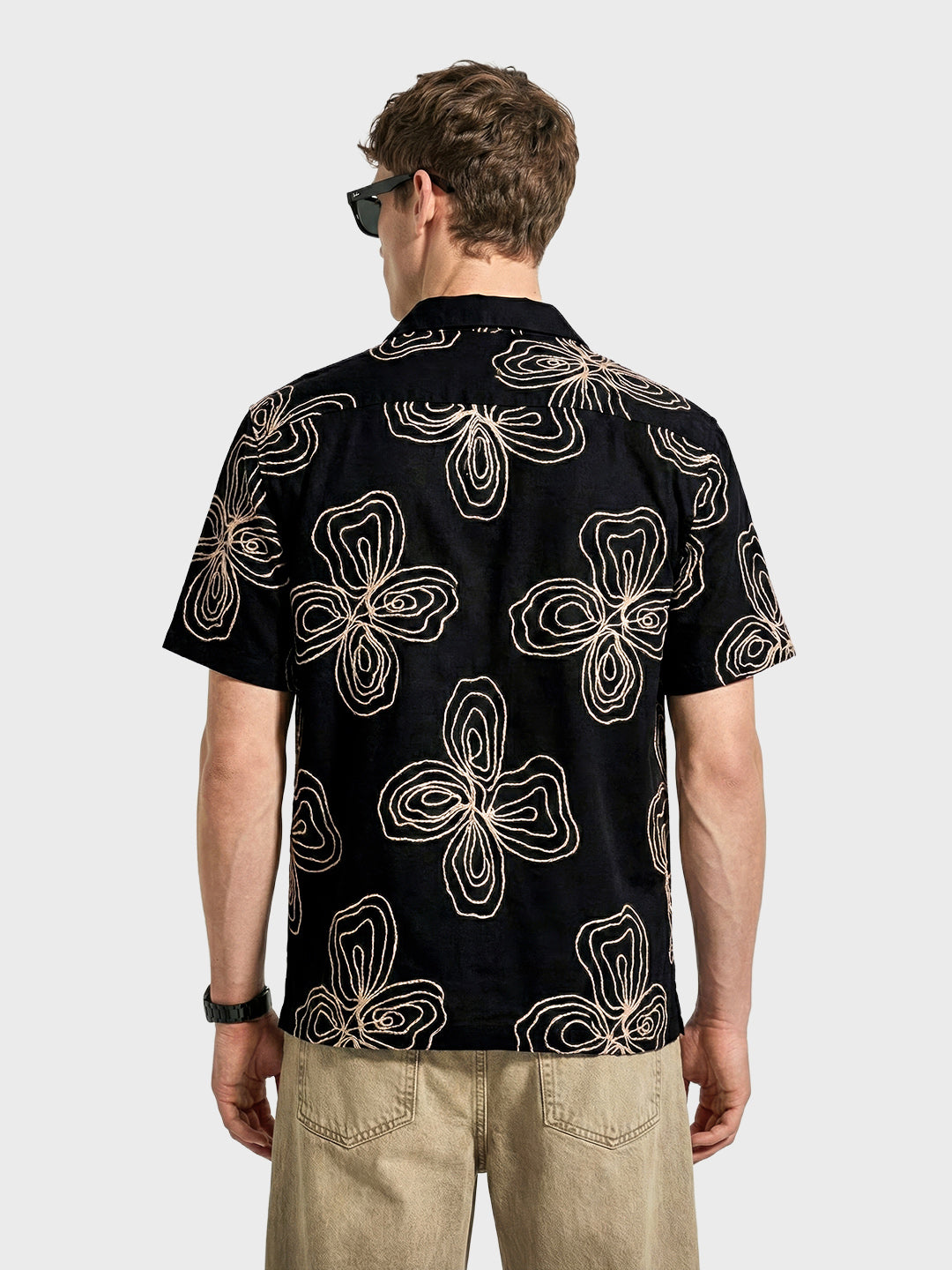 Men's Black Relaxed Fit Textured Embroidered Shirt