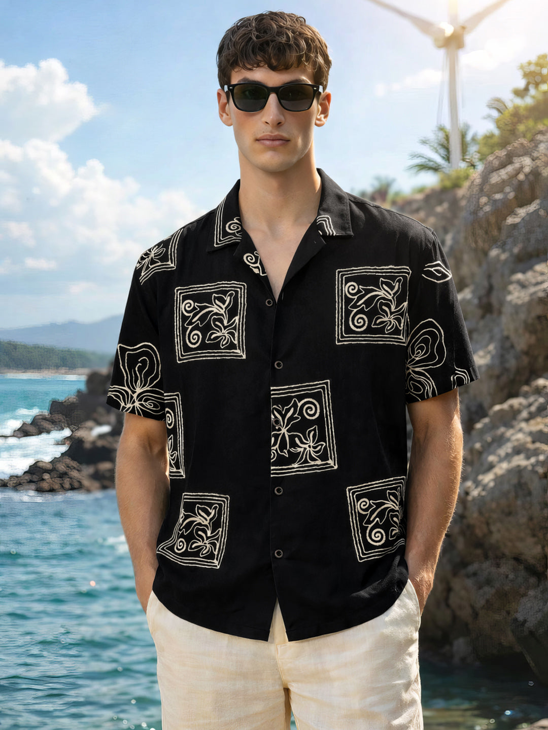 Men's Black Relaxed Fit Textured Embroidered Shirt