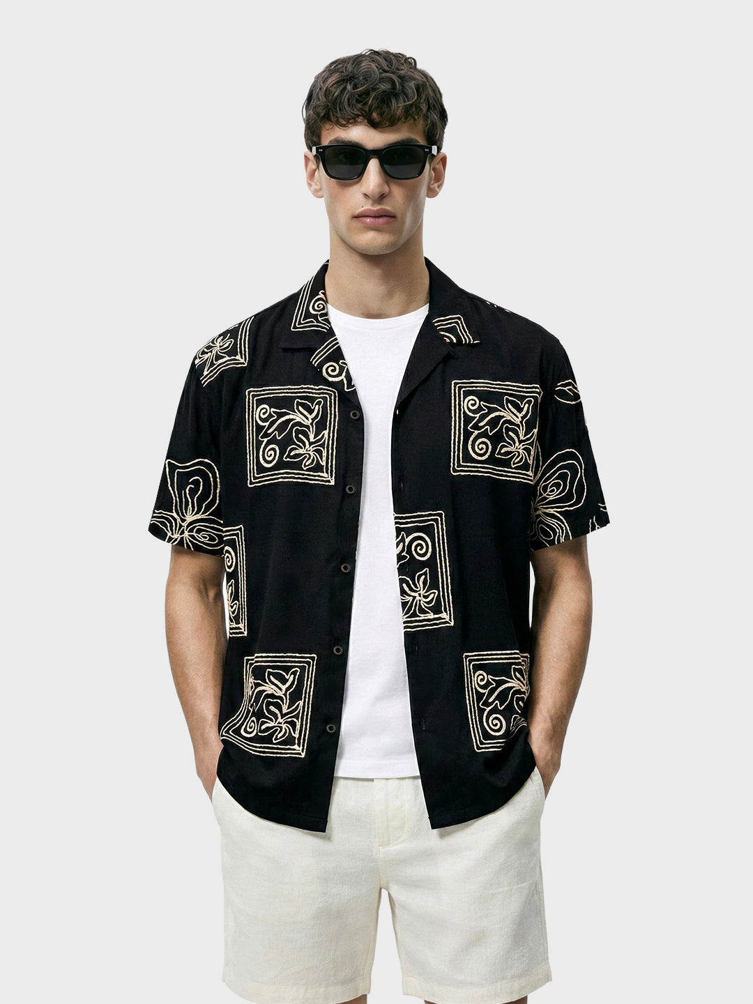 Men's Black Relaxed Fit Textured Embroidered Shirt
