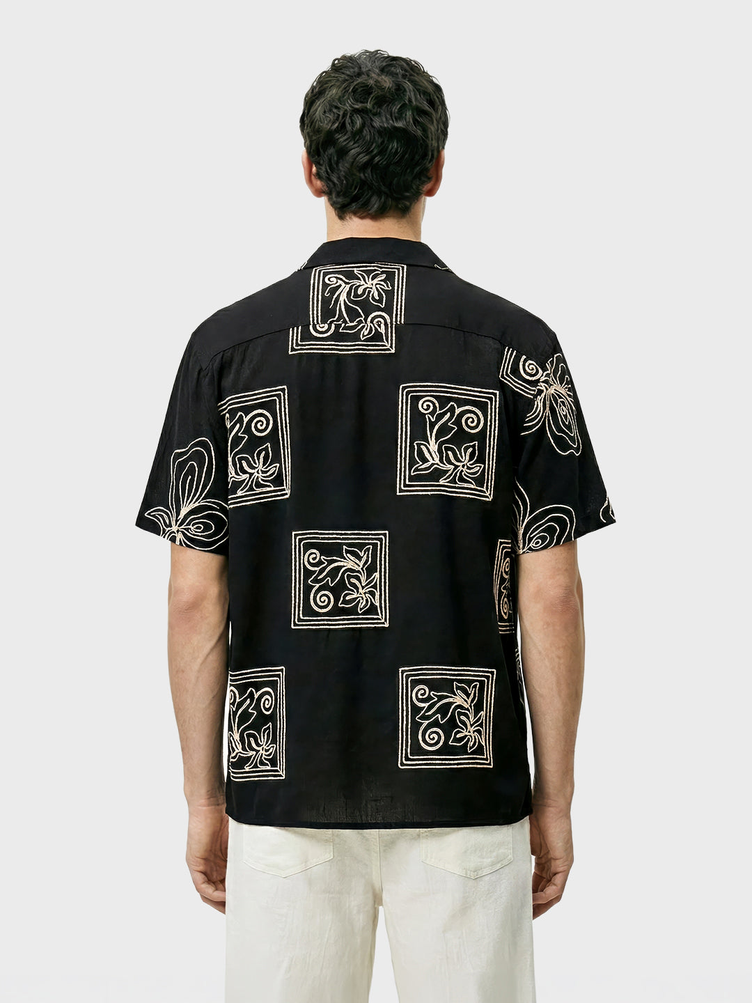Men's Black Relaxed Fit Textured Embroidered Shirt