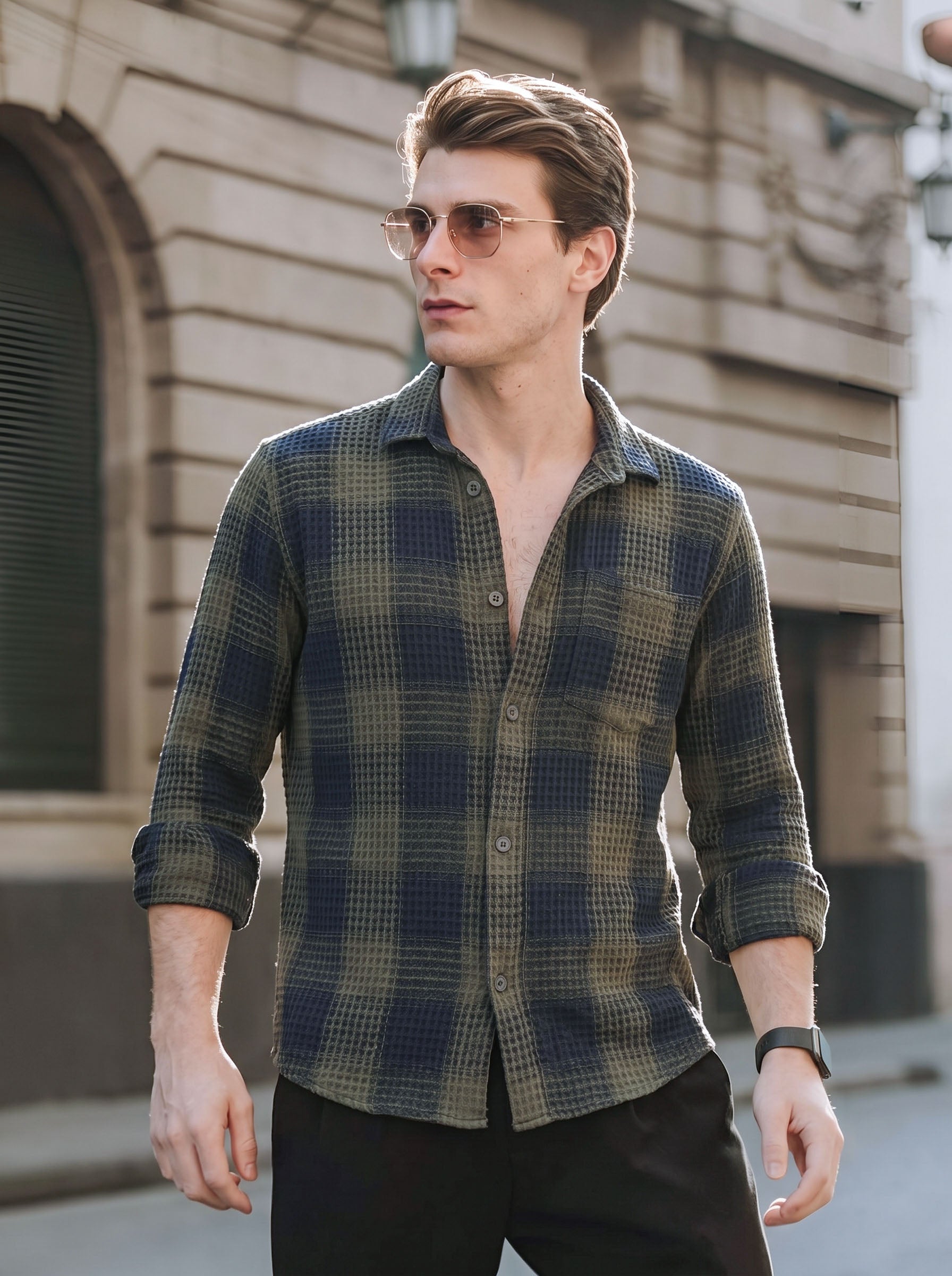 Men's Olive Relaxed Fit Checkered Casual Shirt