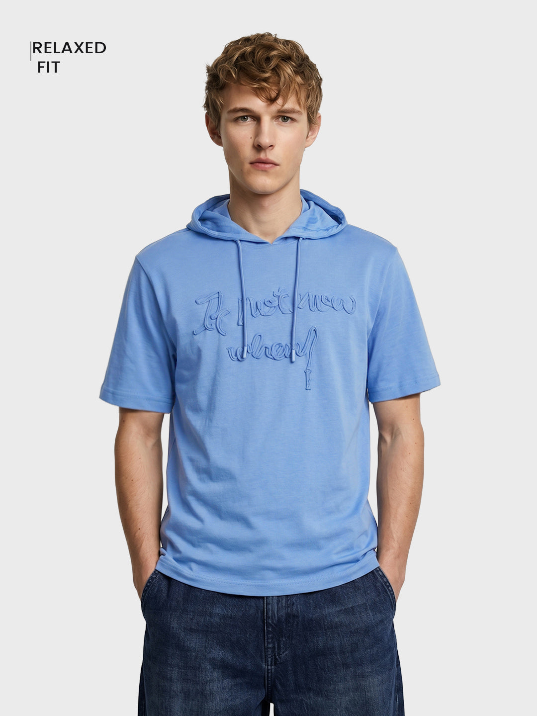 Men's Blue Relaxed Fit Embroidered Casual T-Shirts