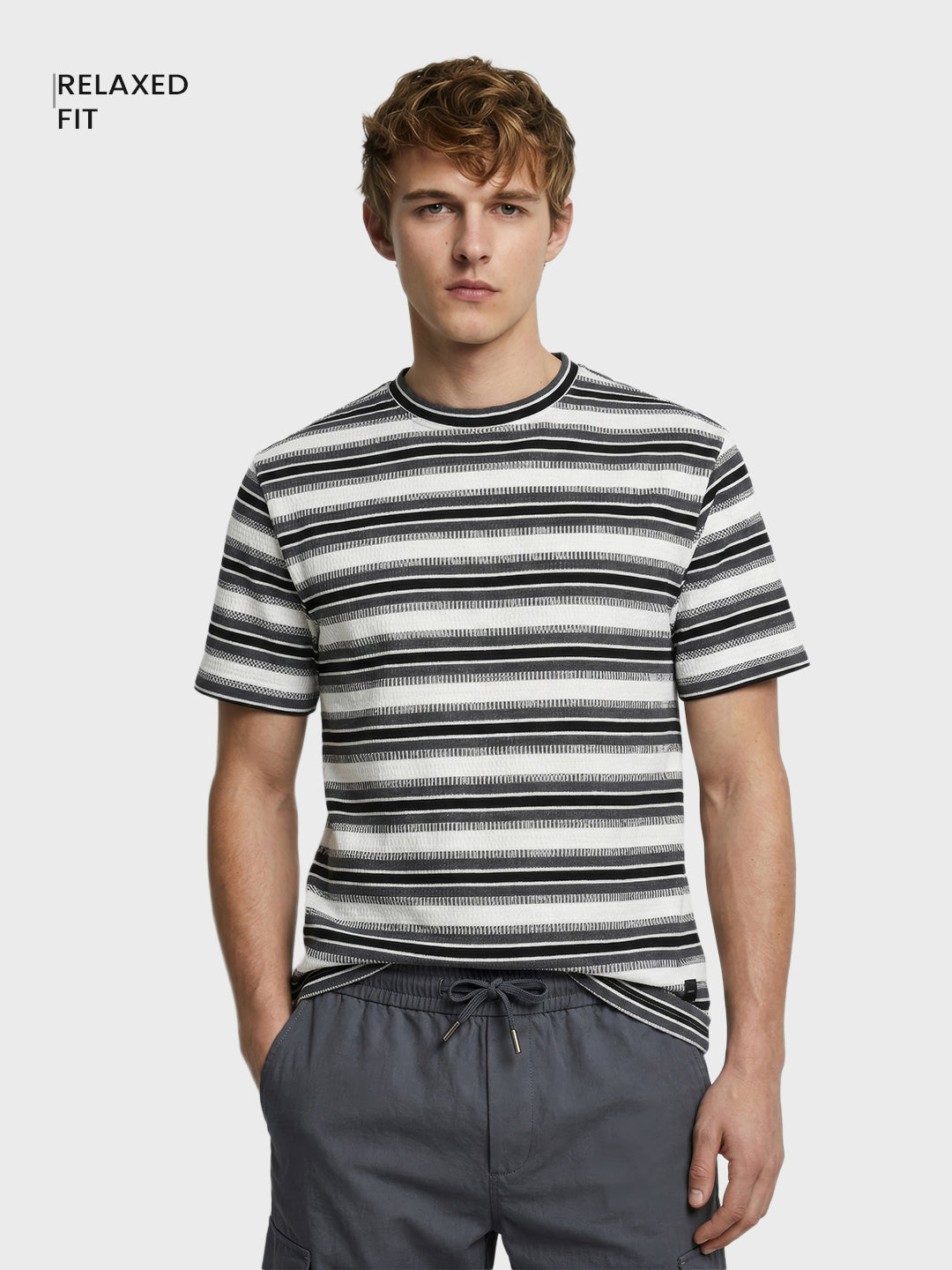 Men's Black Relaxed Fit Striped Casual T-Shirt
