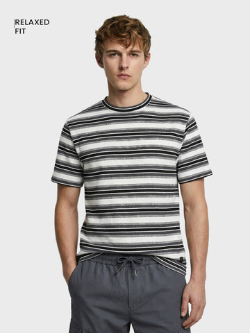 Men's Black Relaxed Fit Striped Casual T-Shirt