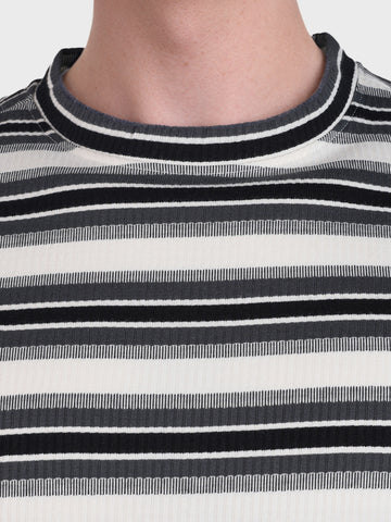 Men's Black Relaxed Fit Striped Casual T-Shirt