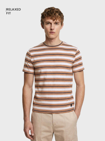 Men's Brown Relaxed Fit Striped Casual T-Shirt