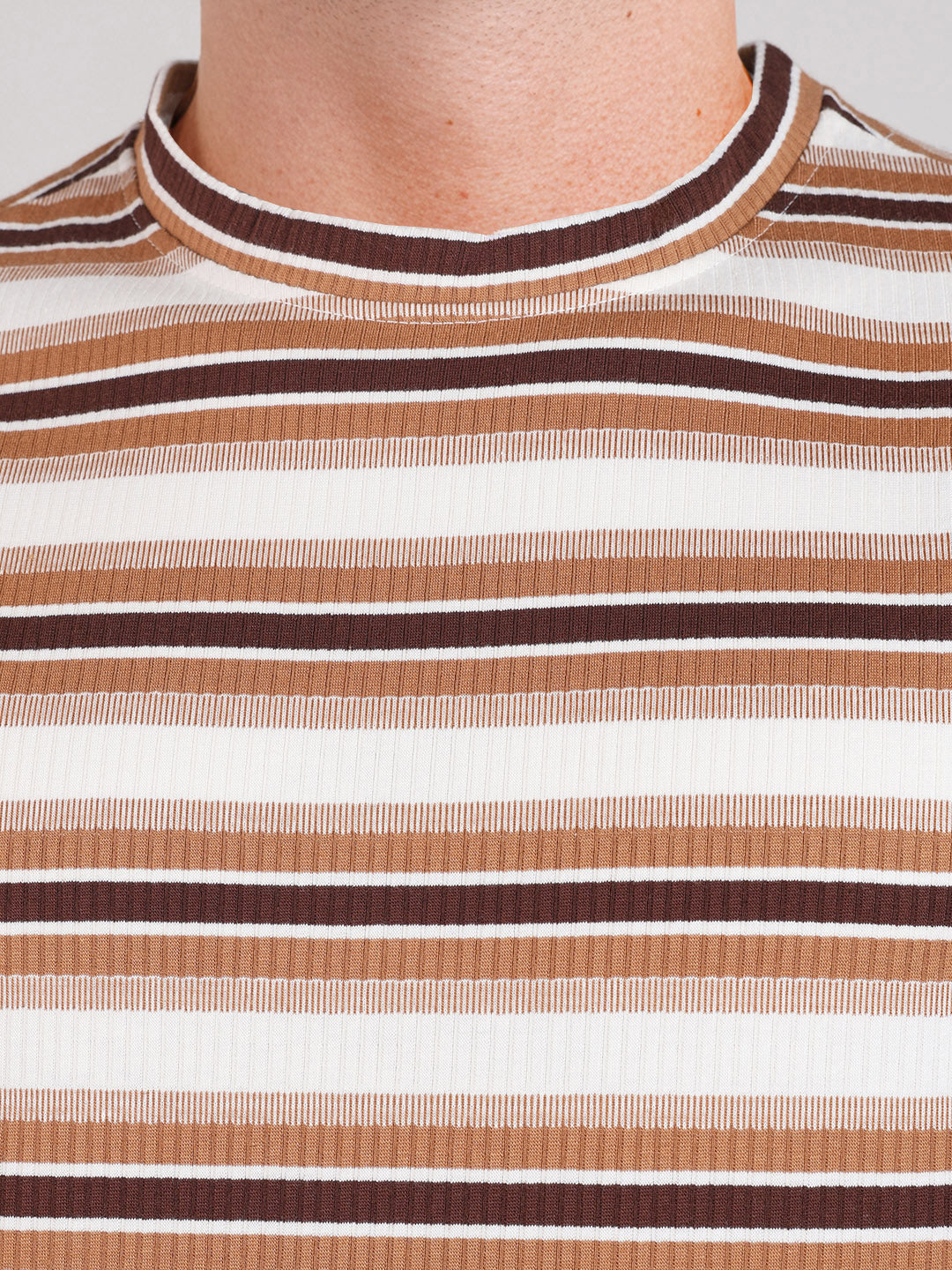 Men's Brown Relaxed Fit Striped Casual T-Shirt