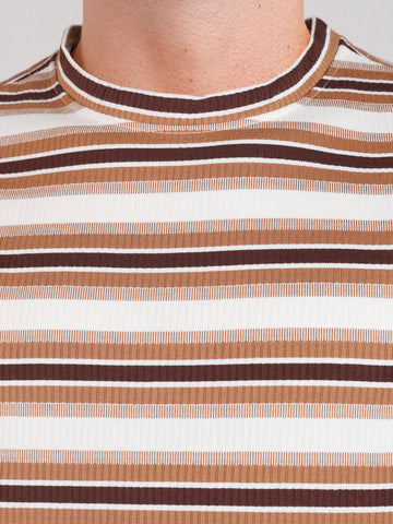 Men's Brown Relaxed Fit Striped Casual T-Shirt