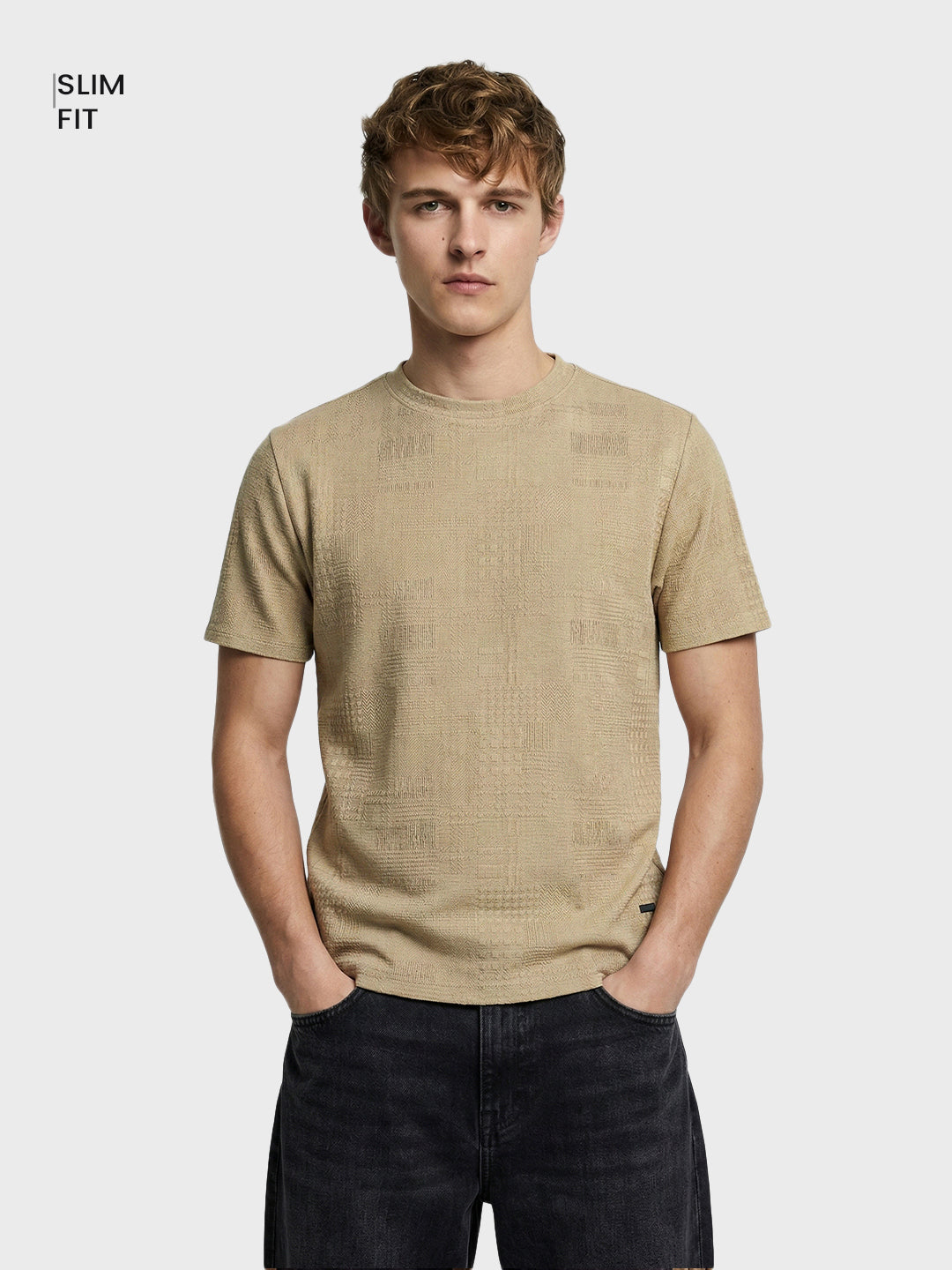 Men's Green Olive Fit Textured Casual T-Shirt