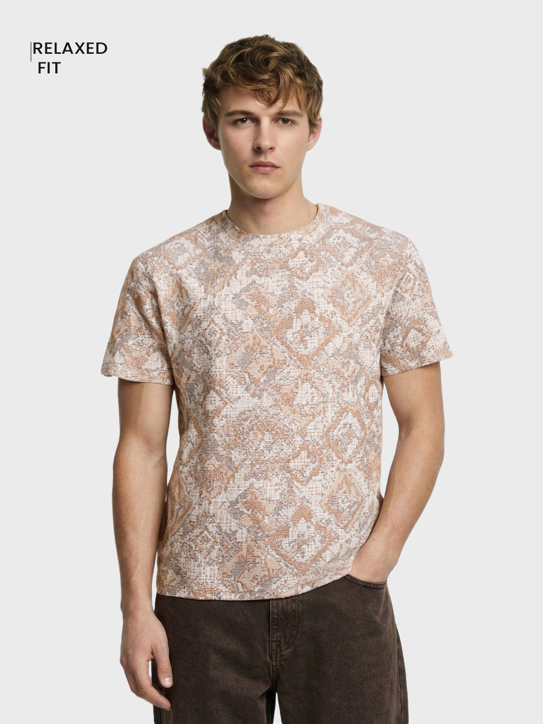 Men's Brown Relaxed Fit Printed Resort Wear T-Shirt