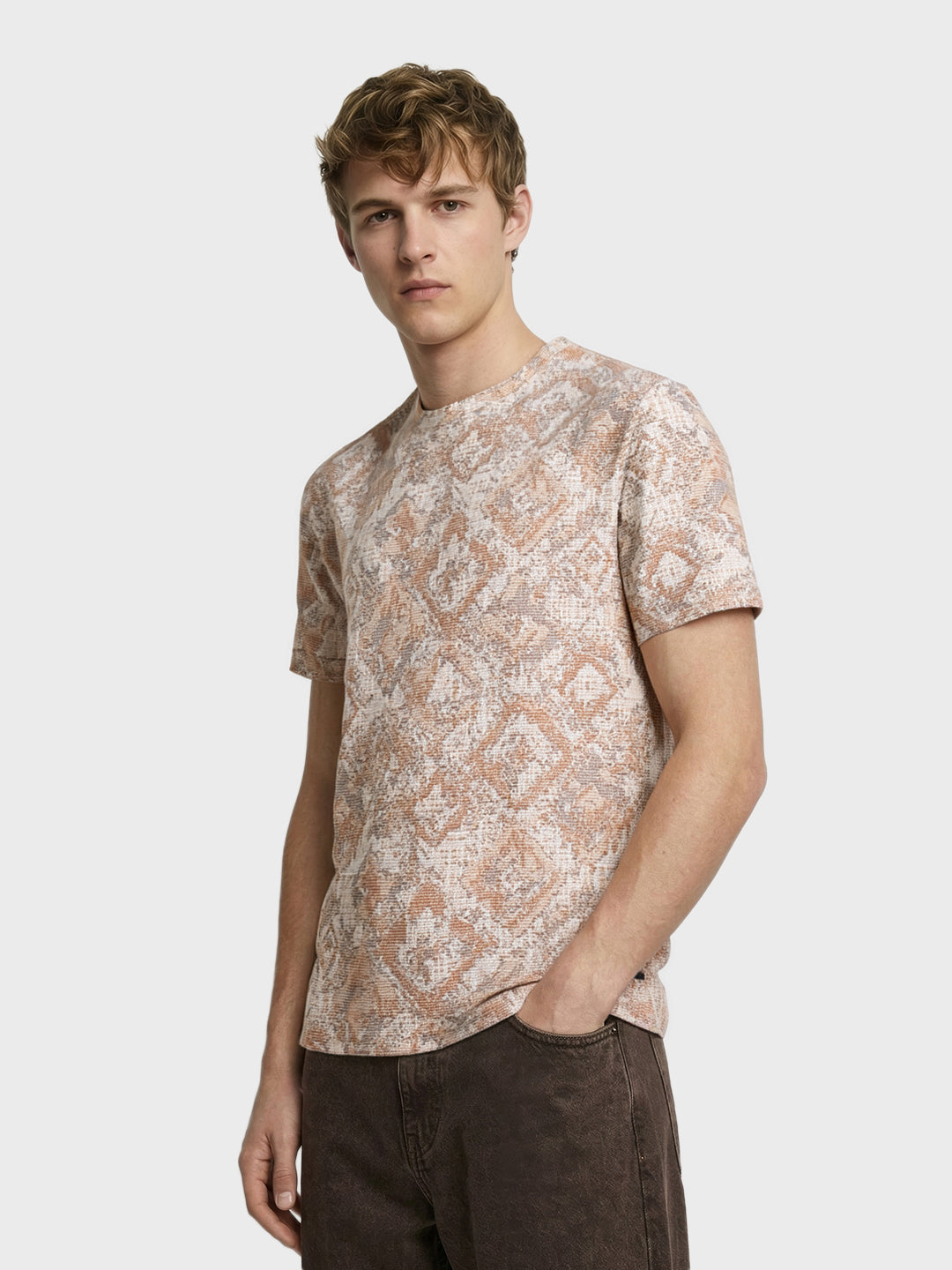 Men's Brown Relaxed Fit Printed Resort Wear T-Shirt