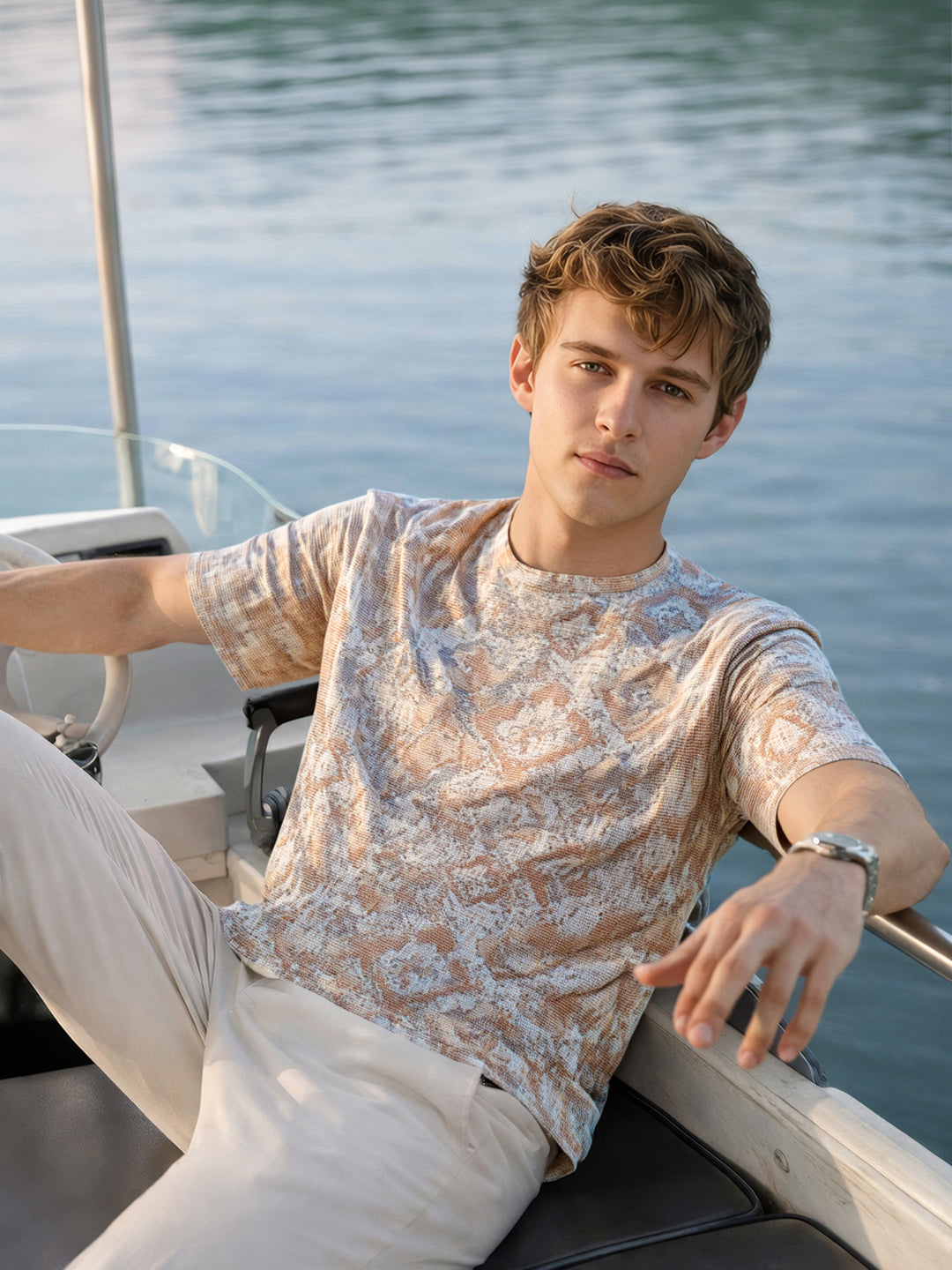 Men's Brown Relaxed Fit Printed Resort Wear T-Shirt