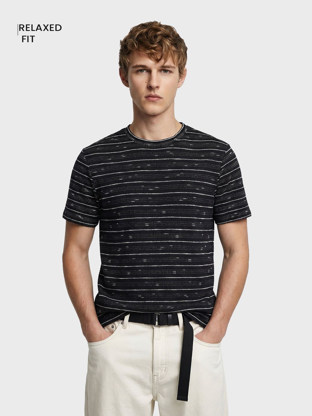 Men's Black Relaxed Fit Striped Resort Wear T-Shirt