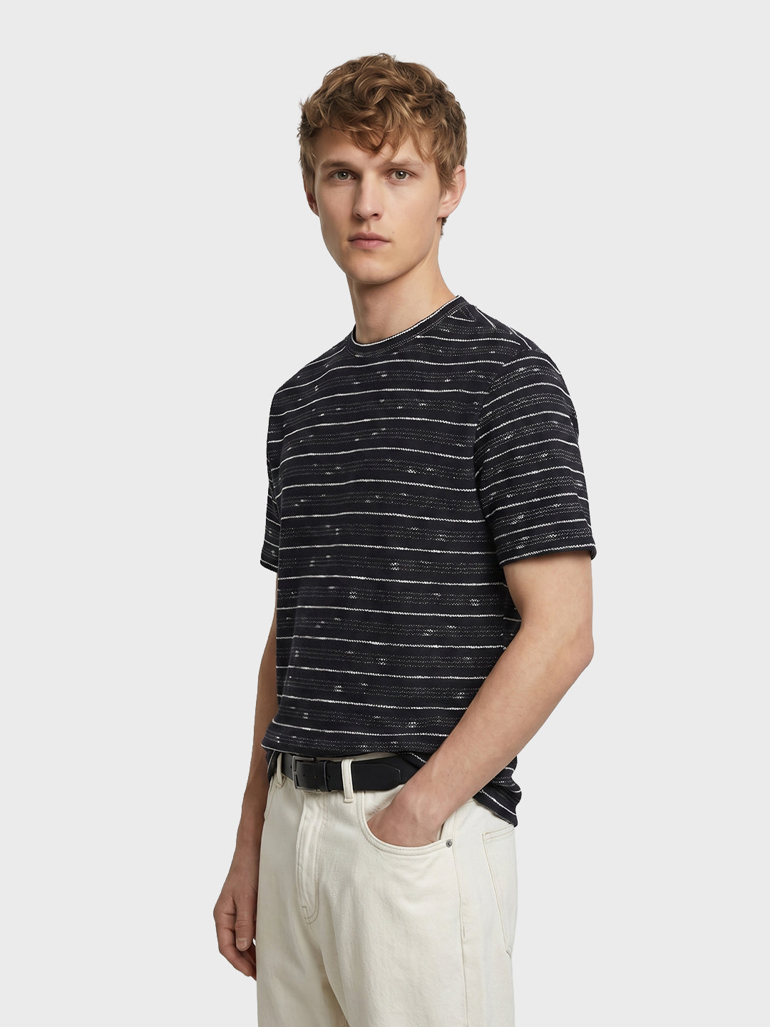 Men's Black Relaxed Fit Striped Resort Wear T-Shirt