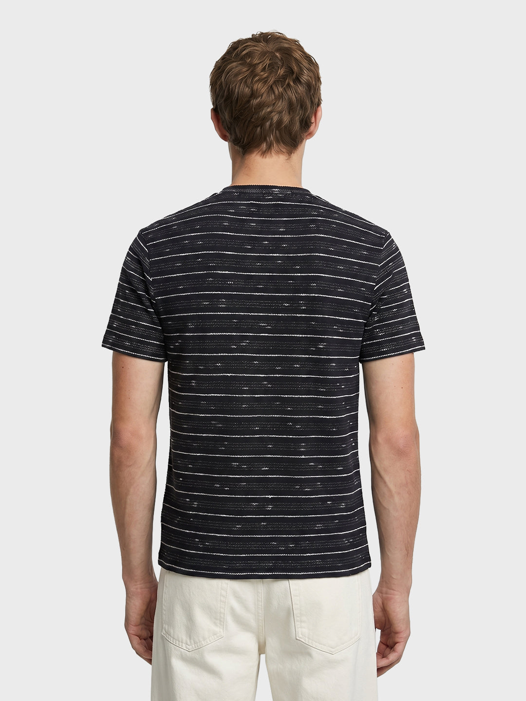 Men's Black Relaxed Fit Striped Resort Wear T-Shirt