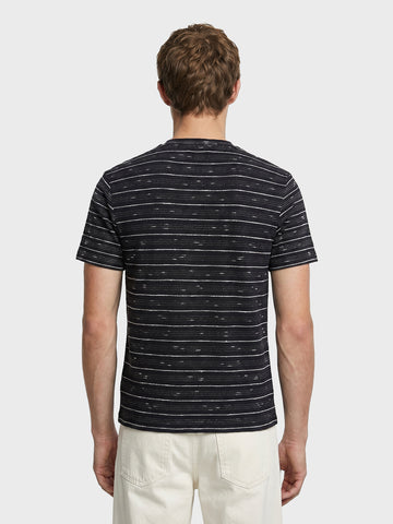 Men's Black Relaxed Fit Striped Resort Wear T-Shirt