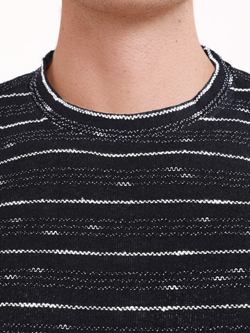 Men's Black Relaxed Fit Striped Resort Wear T-Shirt