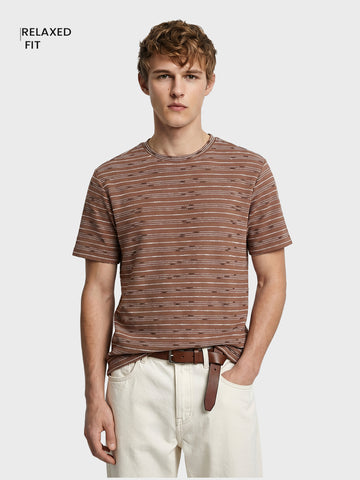 Men's Brown Relaxed Fit Striped Resort Wear T-Shirt