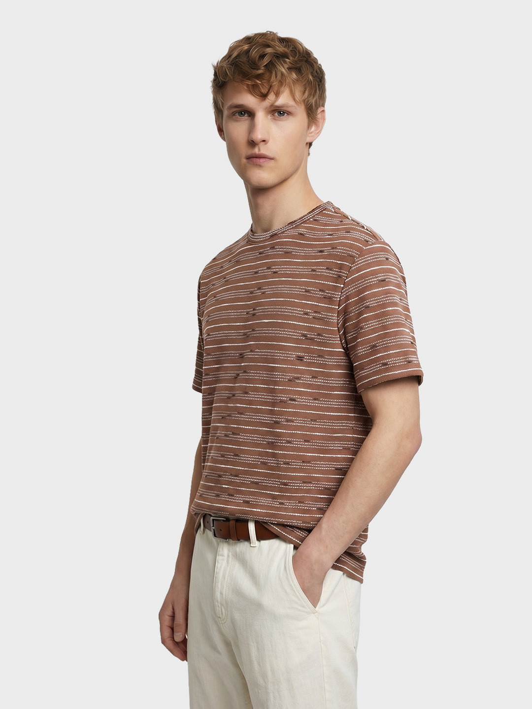 Men's Brown Relaxed Fit Striped Resort Wear T-Shirt