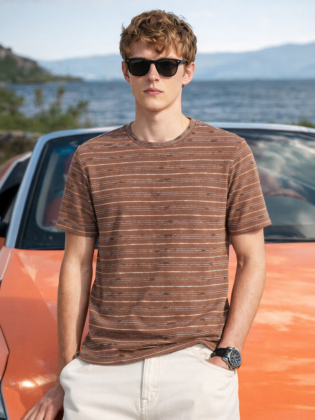 Men's Brown Relaxed Fit Striped Resort Wear T-Shirt