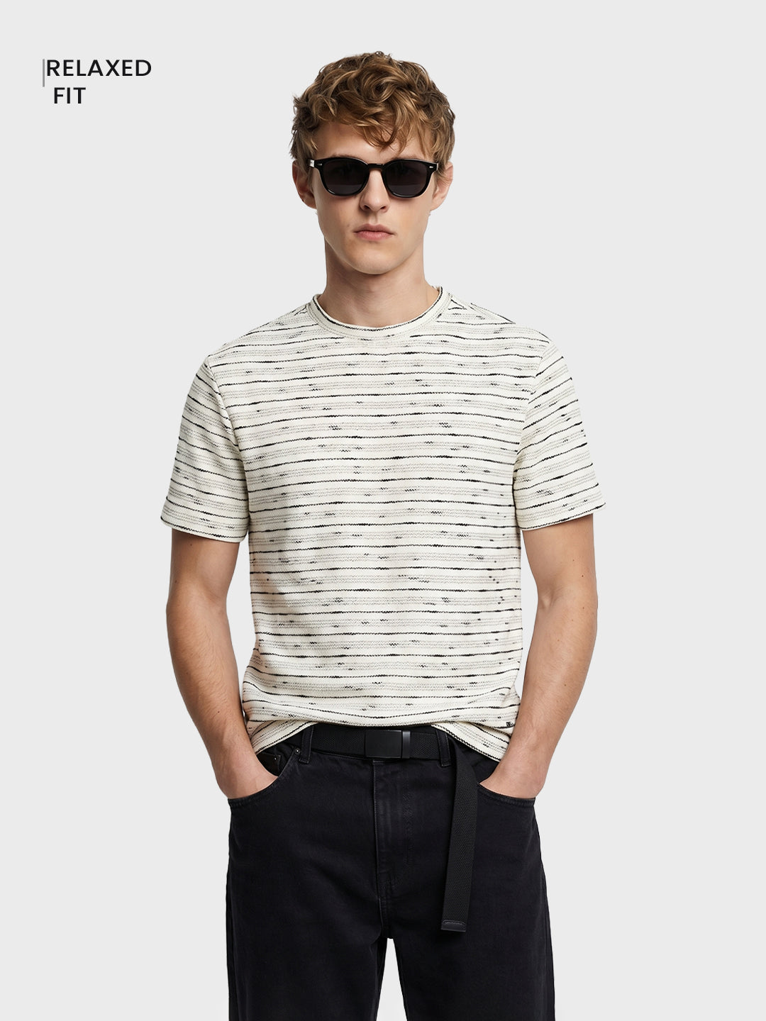 Men's White Relaxed Fit Striped Resort Wear T-Shirt