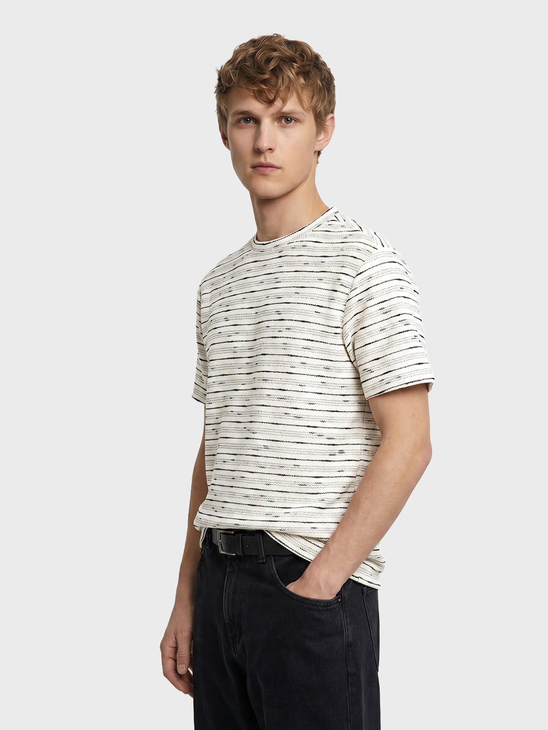 Men's White Relaxed Fit Striped Resort Wear T-Shirt