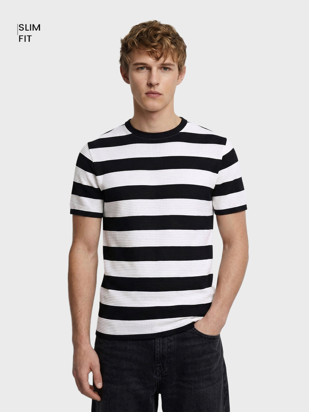 Men's Black Slim Fit Striped Casual T-Shirt