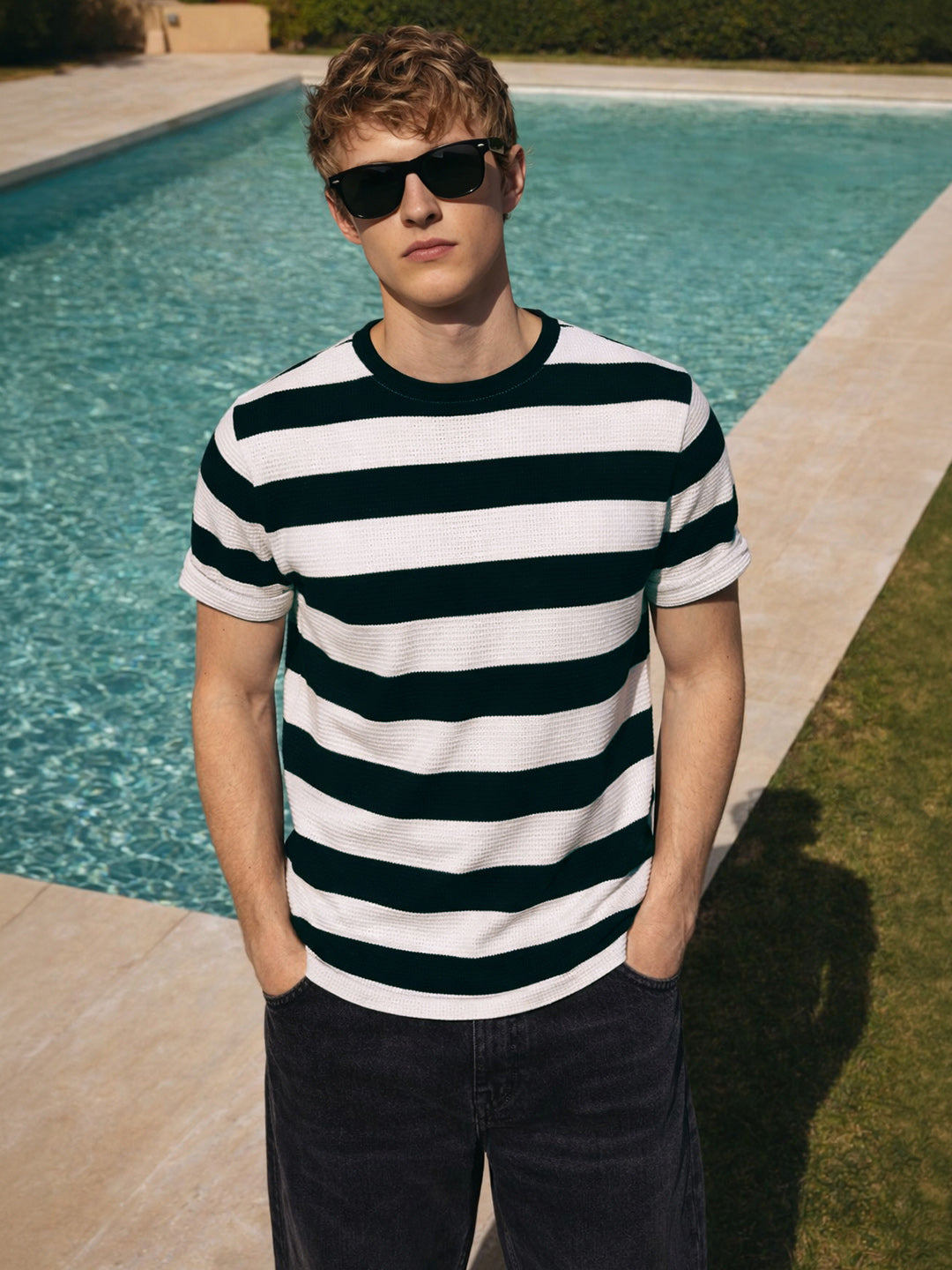 Men's Black Slim Fit Striped Casual T-Shirt