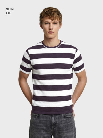 Men's Purple Slim Fit Striped Casual T-Shirt