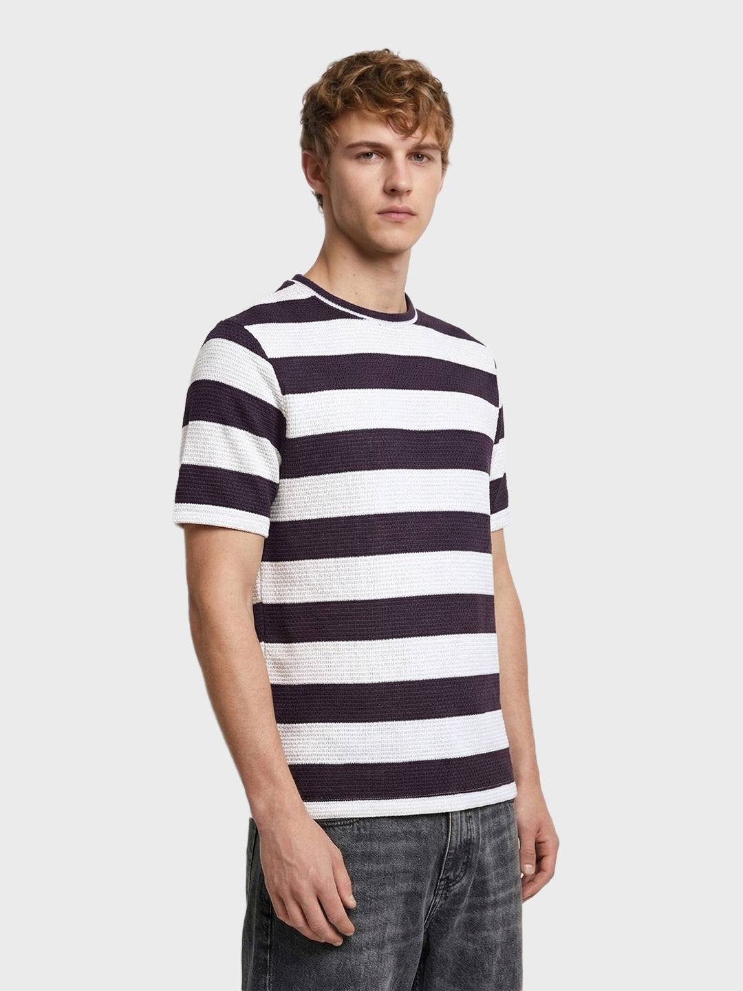 Men's Purple Slim Fit Striped Casual T-Shirt