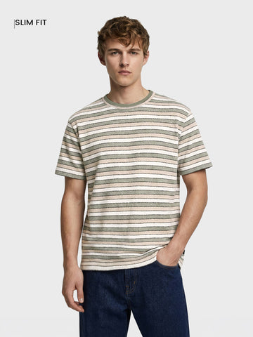 Men's Green Slim Fit Striped Casual T-Shirt