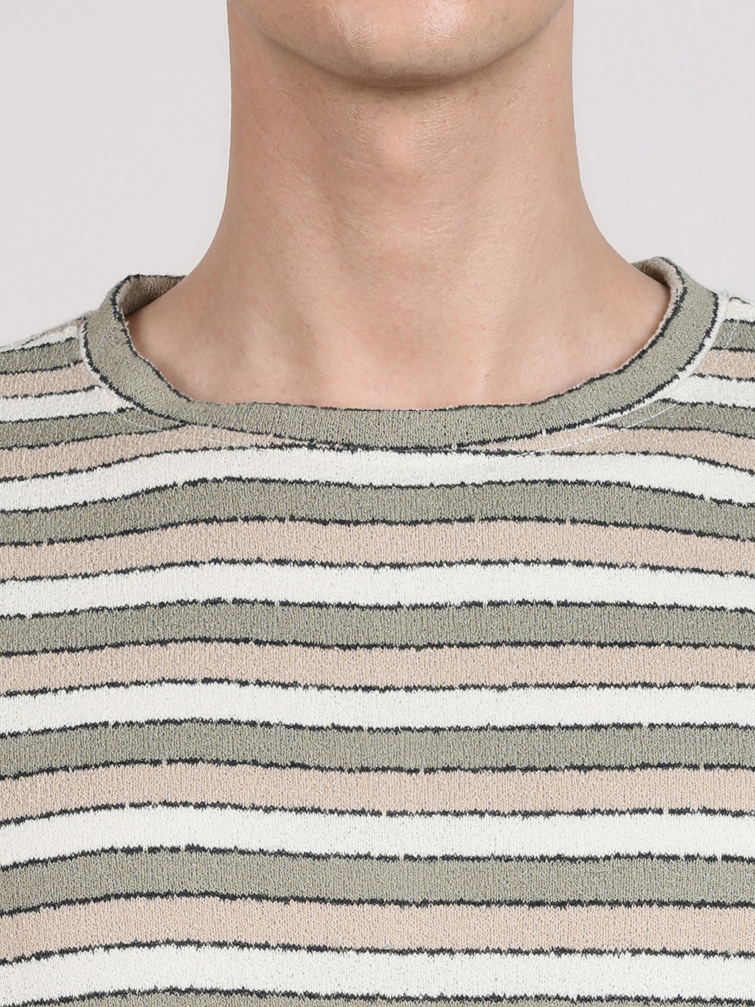 Men's Green Slim Fit Striped Casual T-Shirt