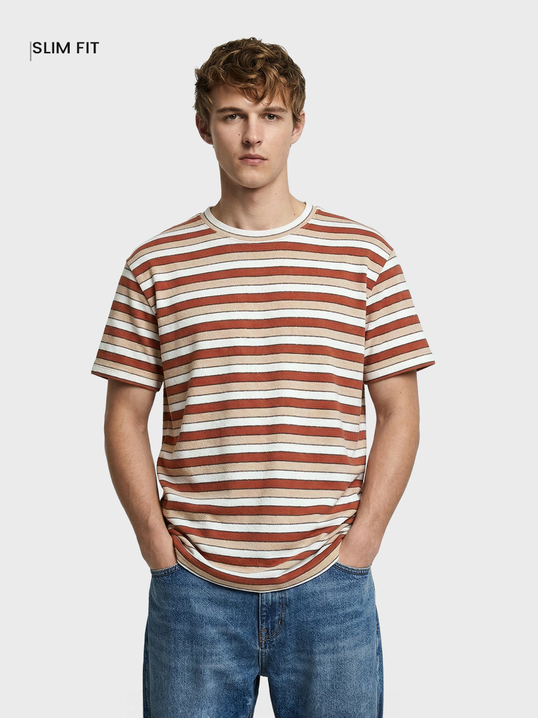 Men's Rust Slim Fit Striped Casual T-Shirt