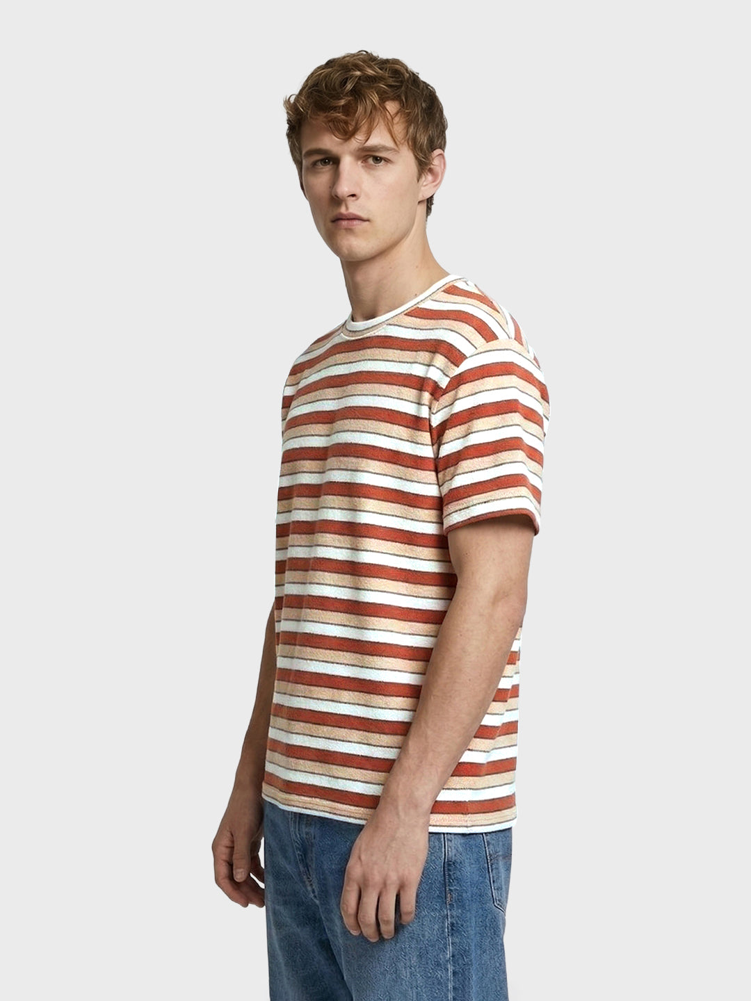 Men's Rust Slim Fit Striped Casual T-Shirt