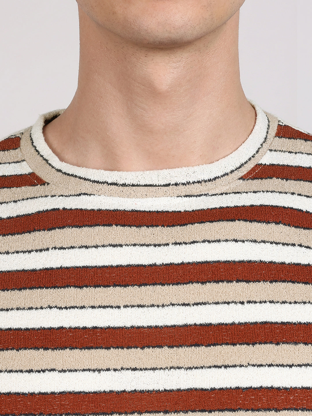 Men's Rust Slim Fit Striped Casual T-Shirt
