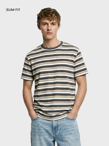 Men's Blue Slim Fit Striped Casual T-Shirt