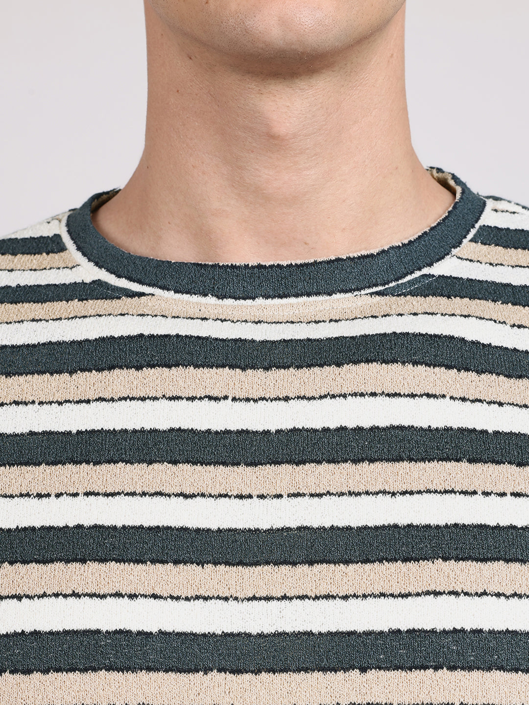 Men's Blue Slim Fit Striped Casual T-Shirt