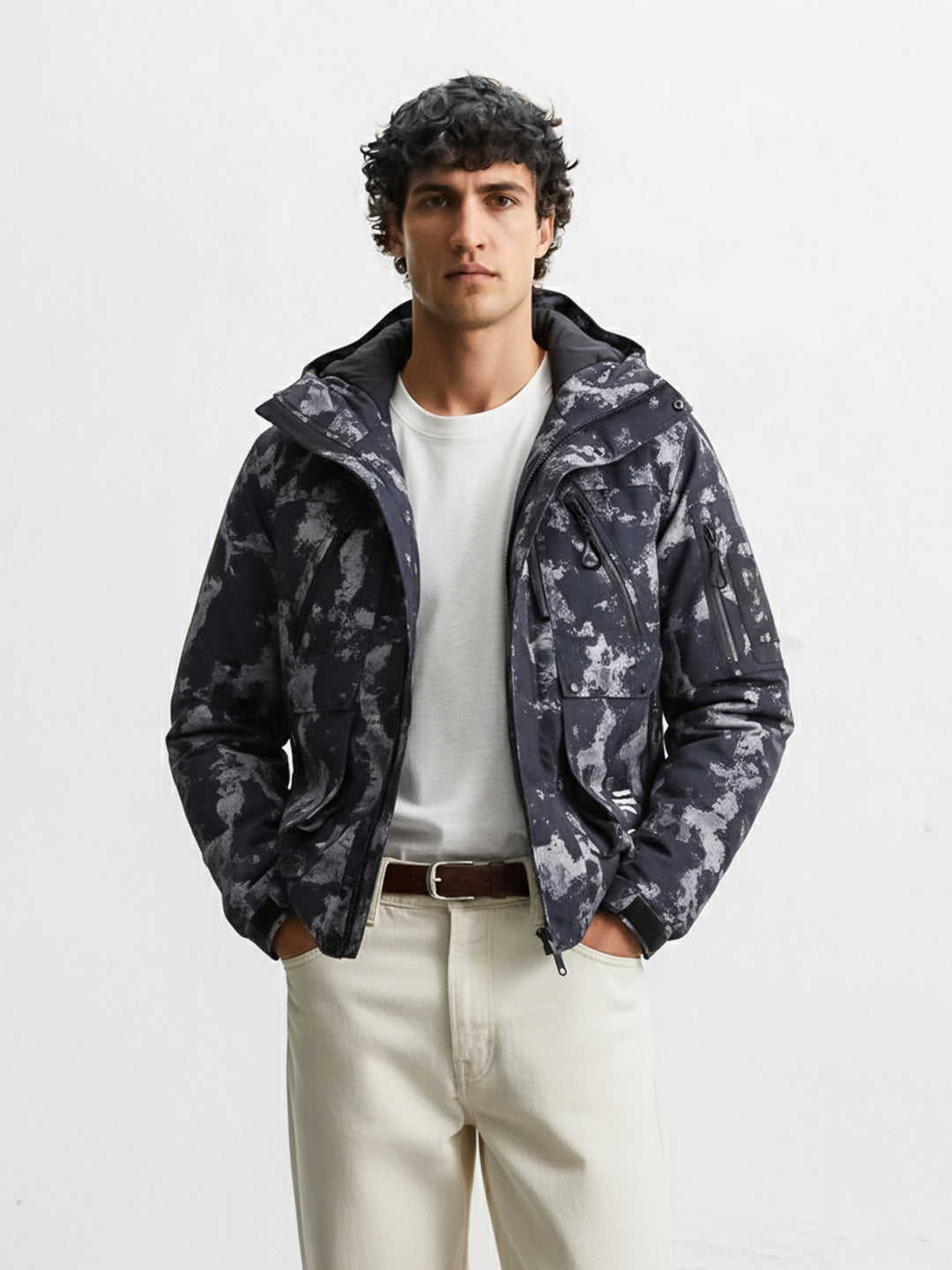 Men's Black Regular Fit Printed Casual Jacket