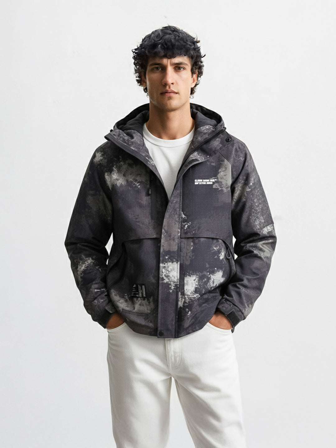 Men's Black Regular Fit Printed Casual Jacket