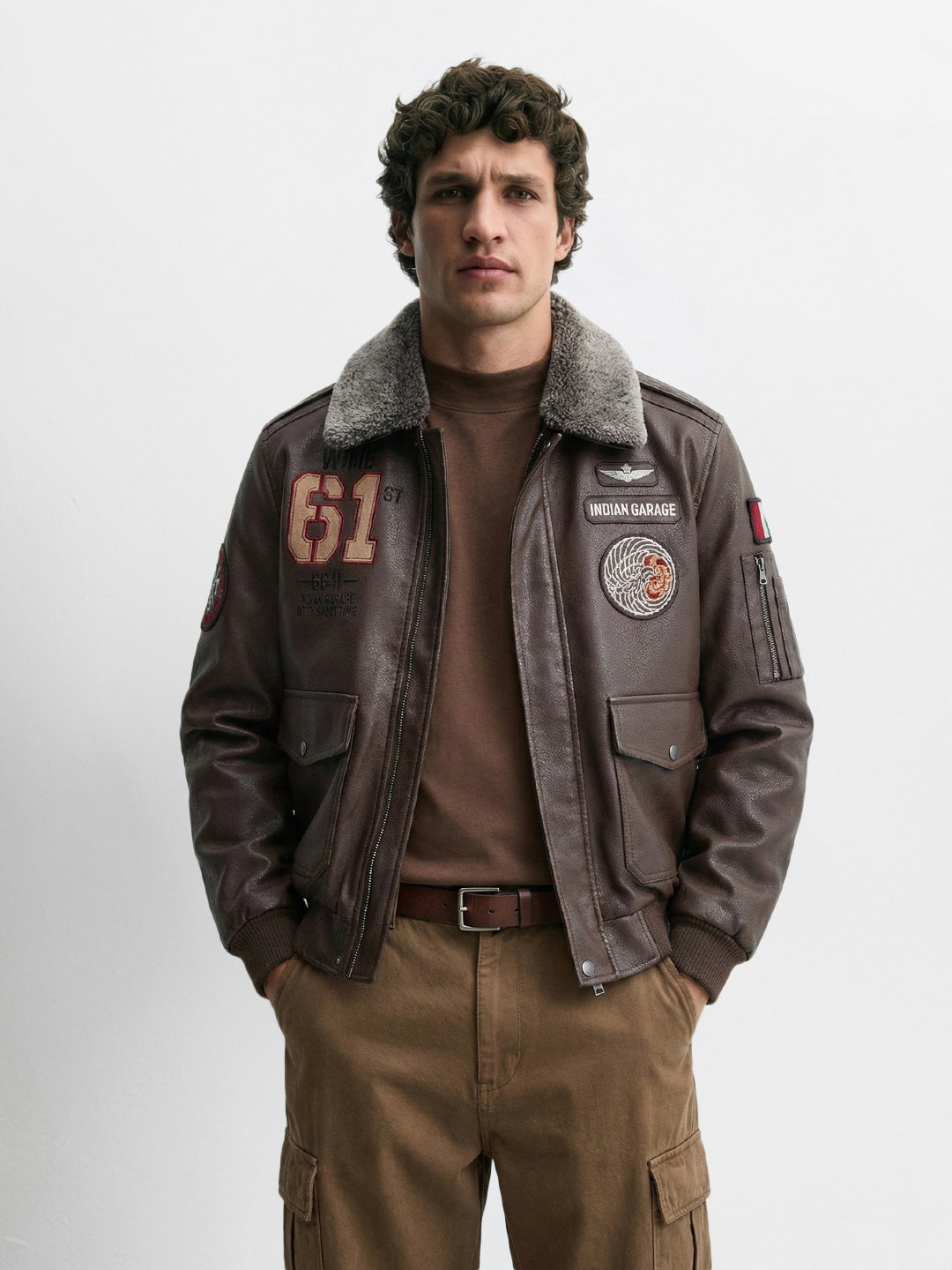 Men's Brown Regular Fit Embroidered Biker Jacket