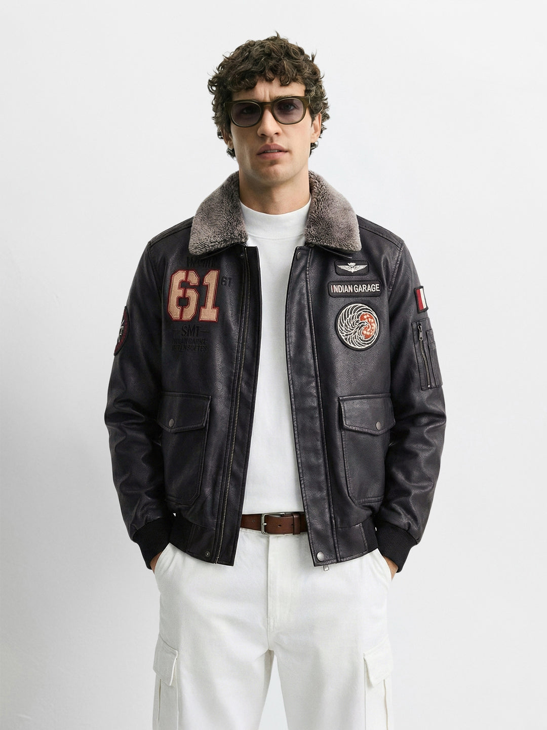 Men's Black Regular Fit Embroided Casual Bomber Jacket