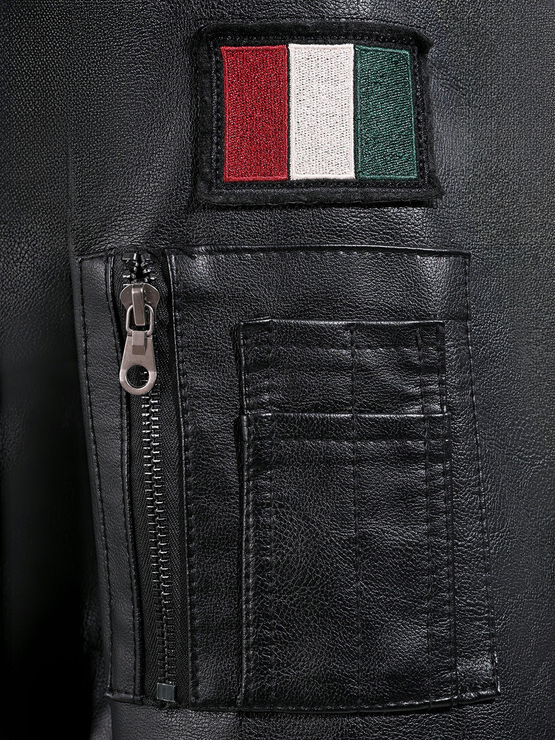 Men's Black Regular Fit Embroided Casual Bomber Jacket