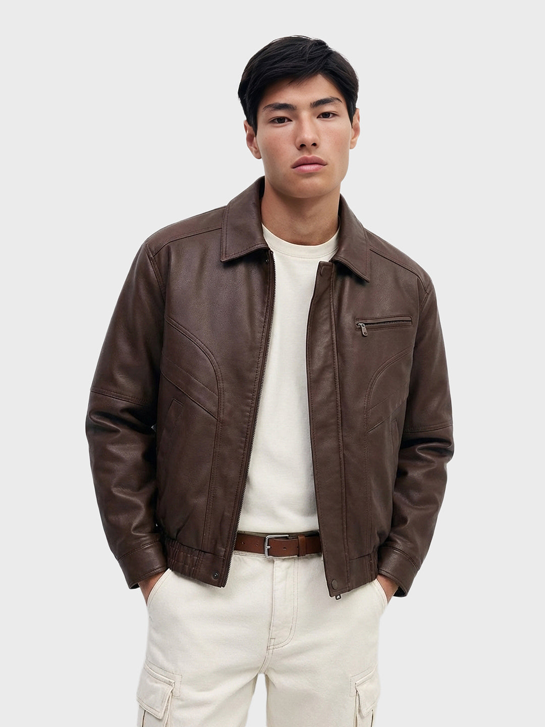 Men's Brown Relaxed Fit Solid Casual Bomber Jacket