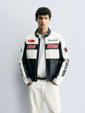 Men's White Slim Fit Embroided Casual Biker Jacket – TIGC