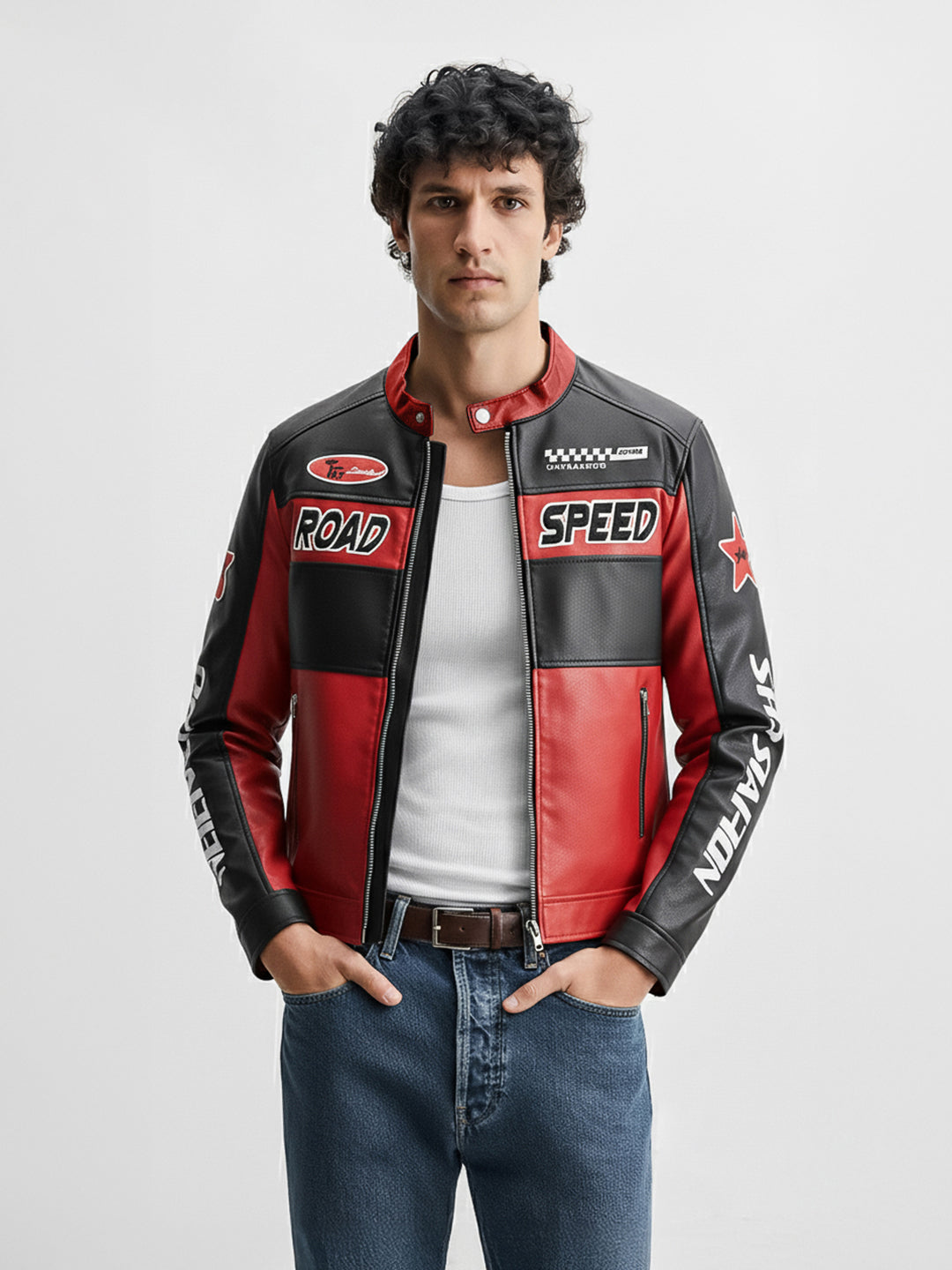 Men's Red Slim Fit Embroided Casual Biker Jacket