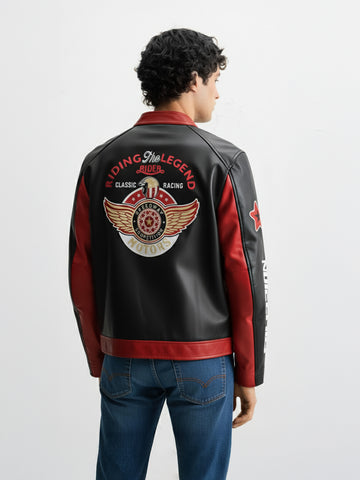 Men's Red Slim Fit Embroided Casual Biker Jacket