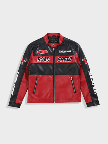 Men's Red Slim Fit Embroided Casual Biker Jacket