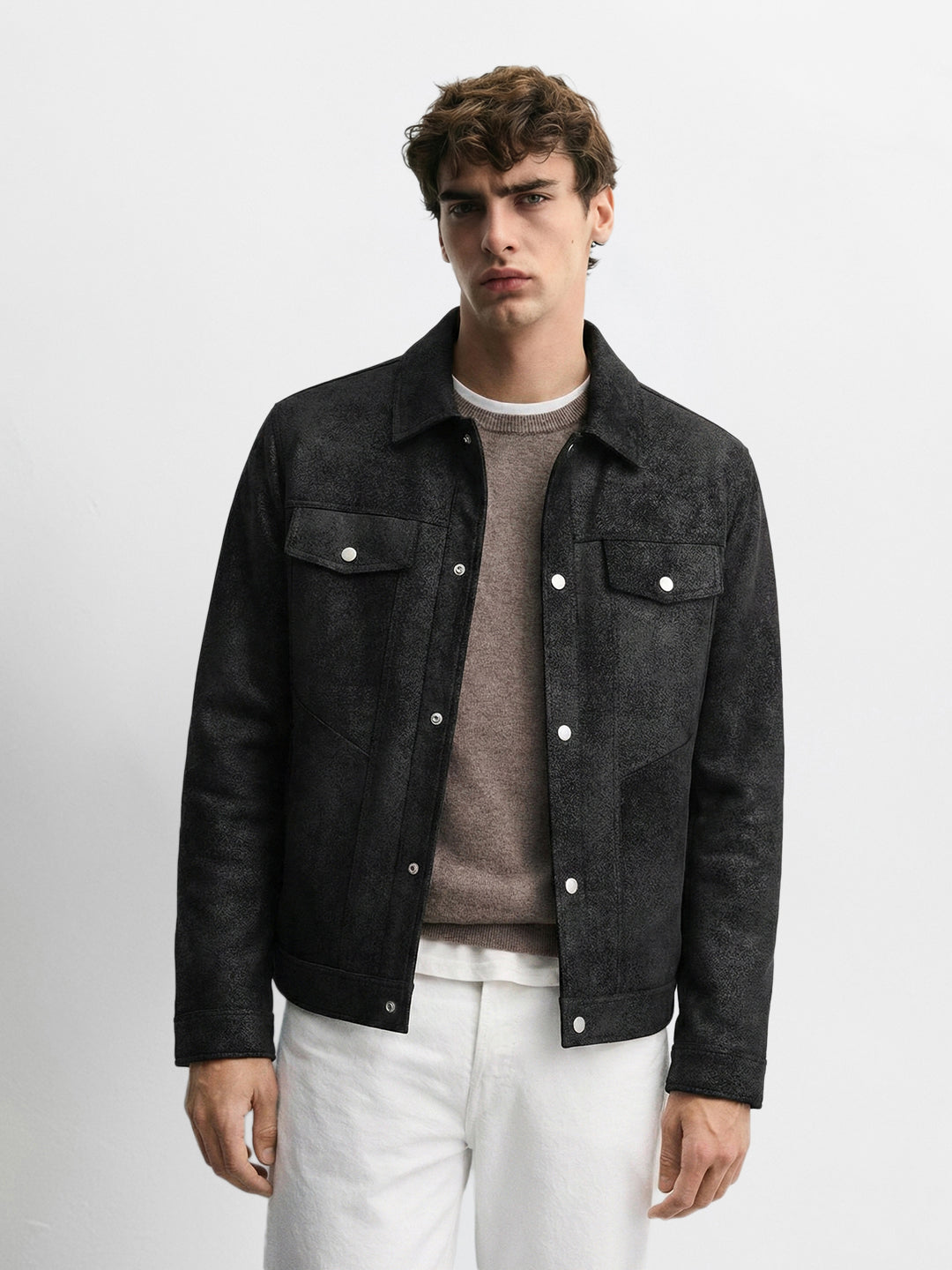 Men's Black Slim Fit Solid Casual Trucker Jacket